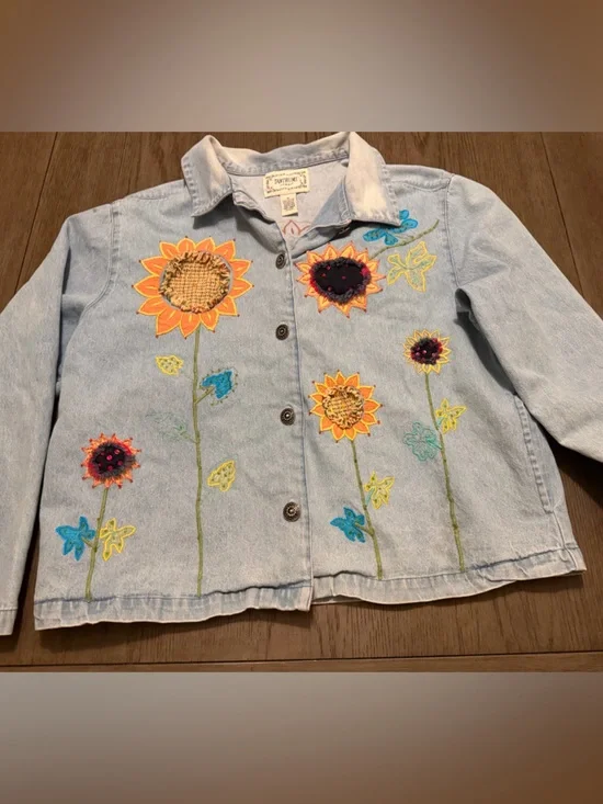 Tantrums Light Blue Denim Jacket with Colorful Sunflower Embroidery has stain - Picture 1 of 7
